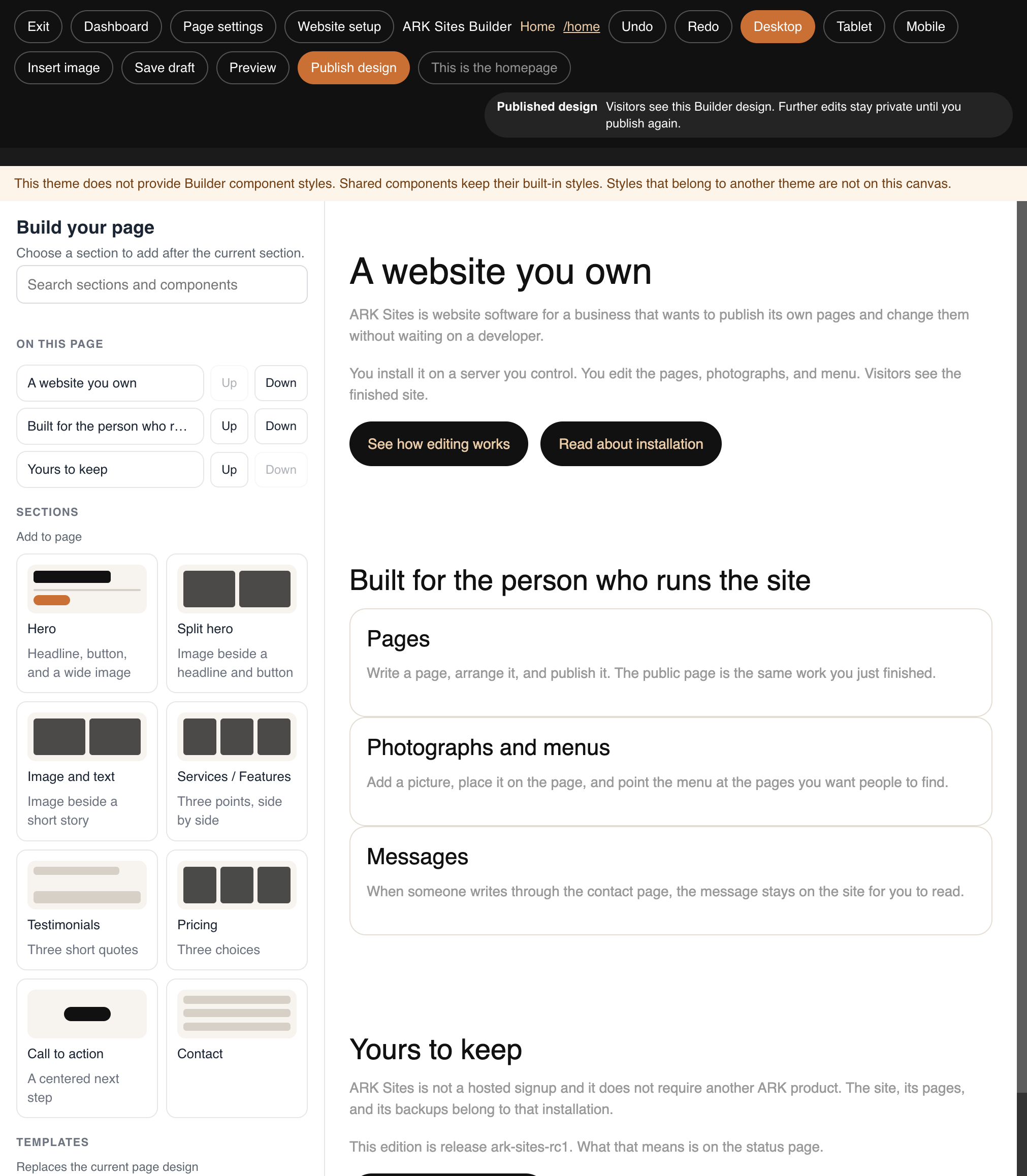 The visual Builder open on the homepage