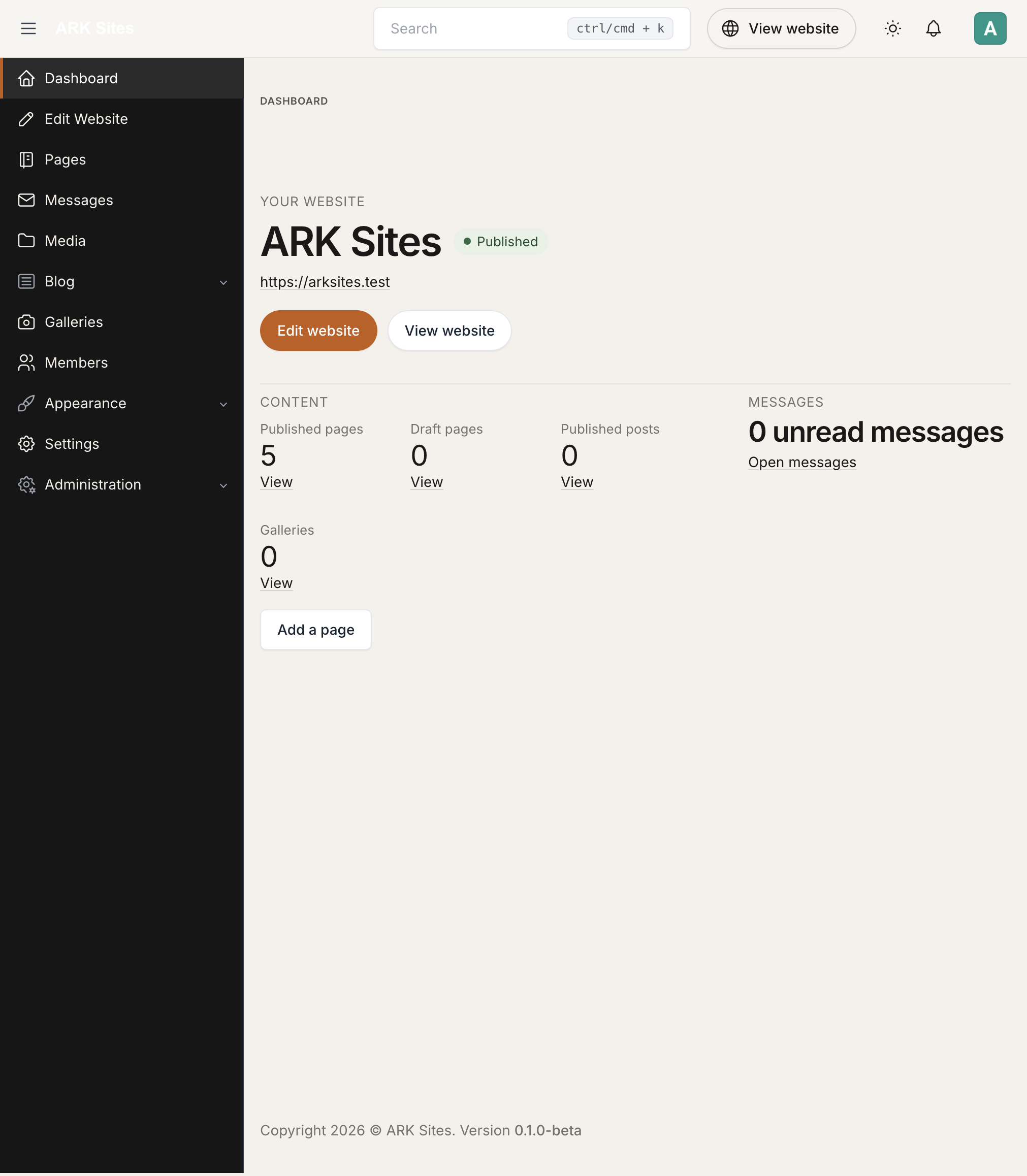 The ARK Sites dashboard, with published pages and messages